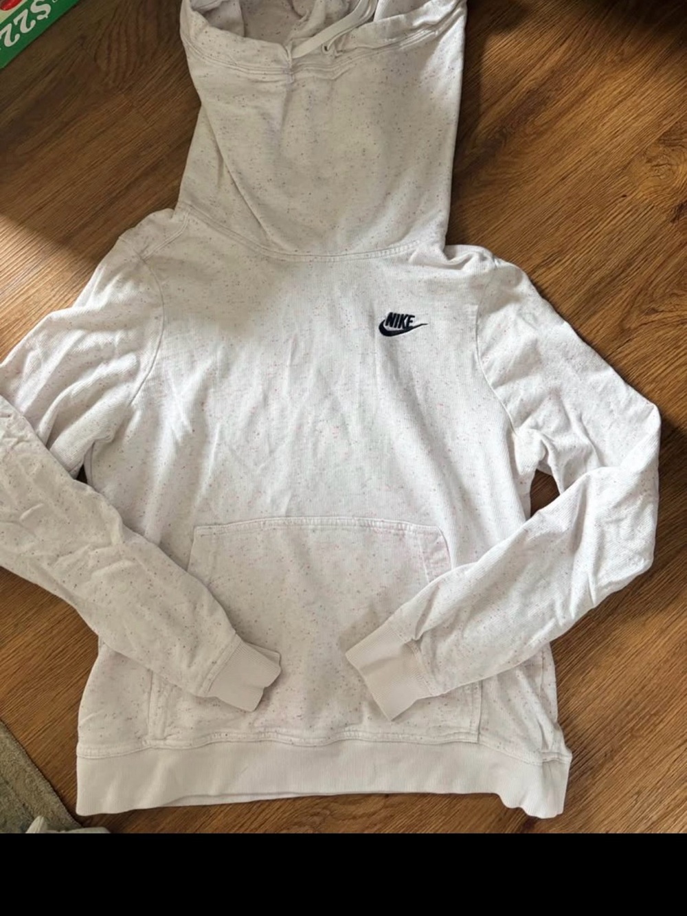 Nike White Speckled Funnelneck Pullover Hoodie with Black Logo